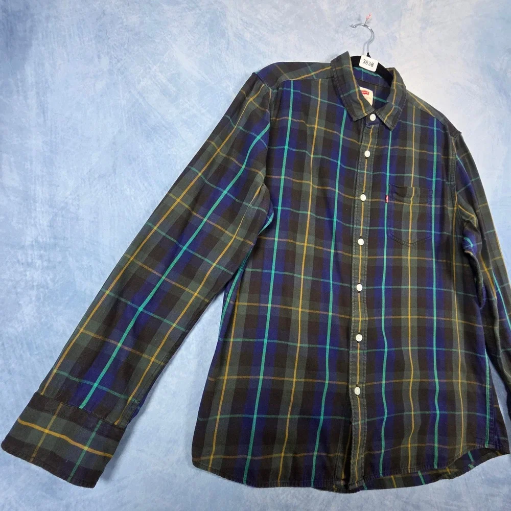 Levis Mens Slim Fit Plaid Flannel Button Down Shirt Navy Green Large 3838